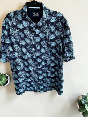 Nat Nast Men's Blue Silk Cotton Blend Hawaiian Palm Fronds Short Sleeve Shirt